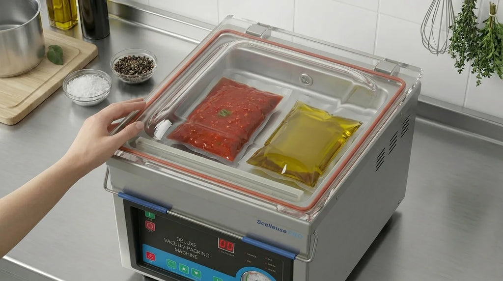 Machine sous vide a cloche qui met du liquide sous vide