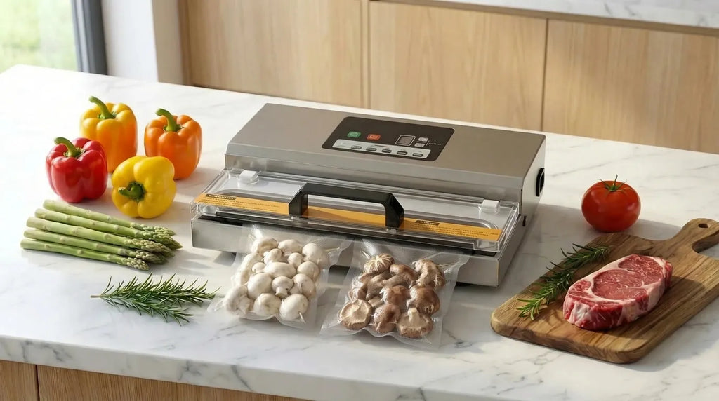 Machine sous vide qui met des champignons frais sous vide