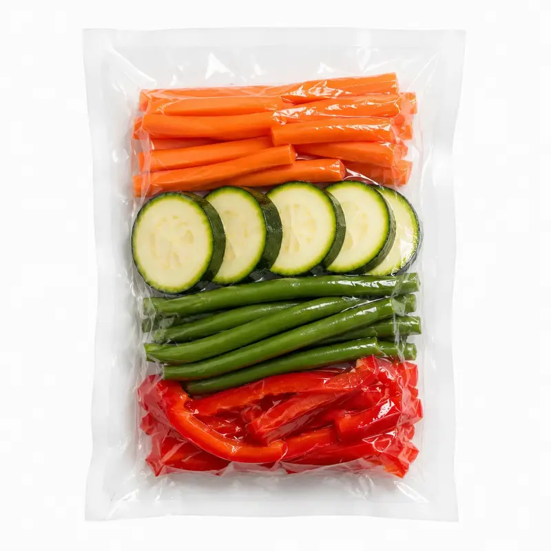 Carottes, courgettes, haricots verts and poivrons emballés sous vide