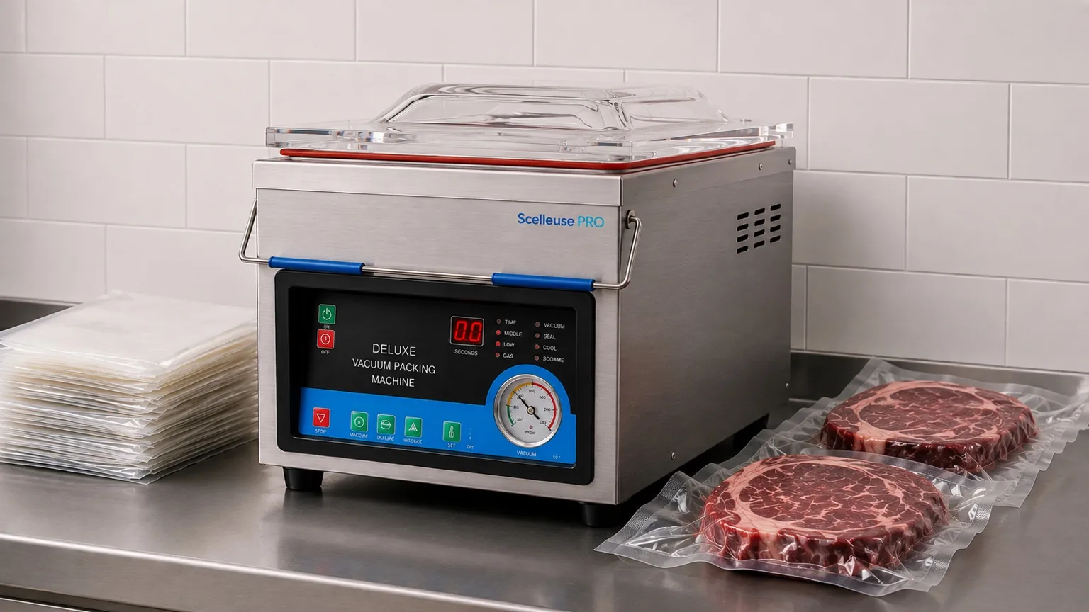 Vacuum packaging machine professional for butchery avec viandes emballées sous vide
