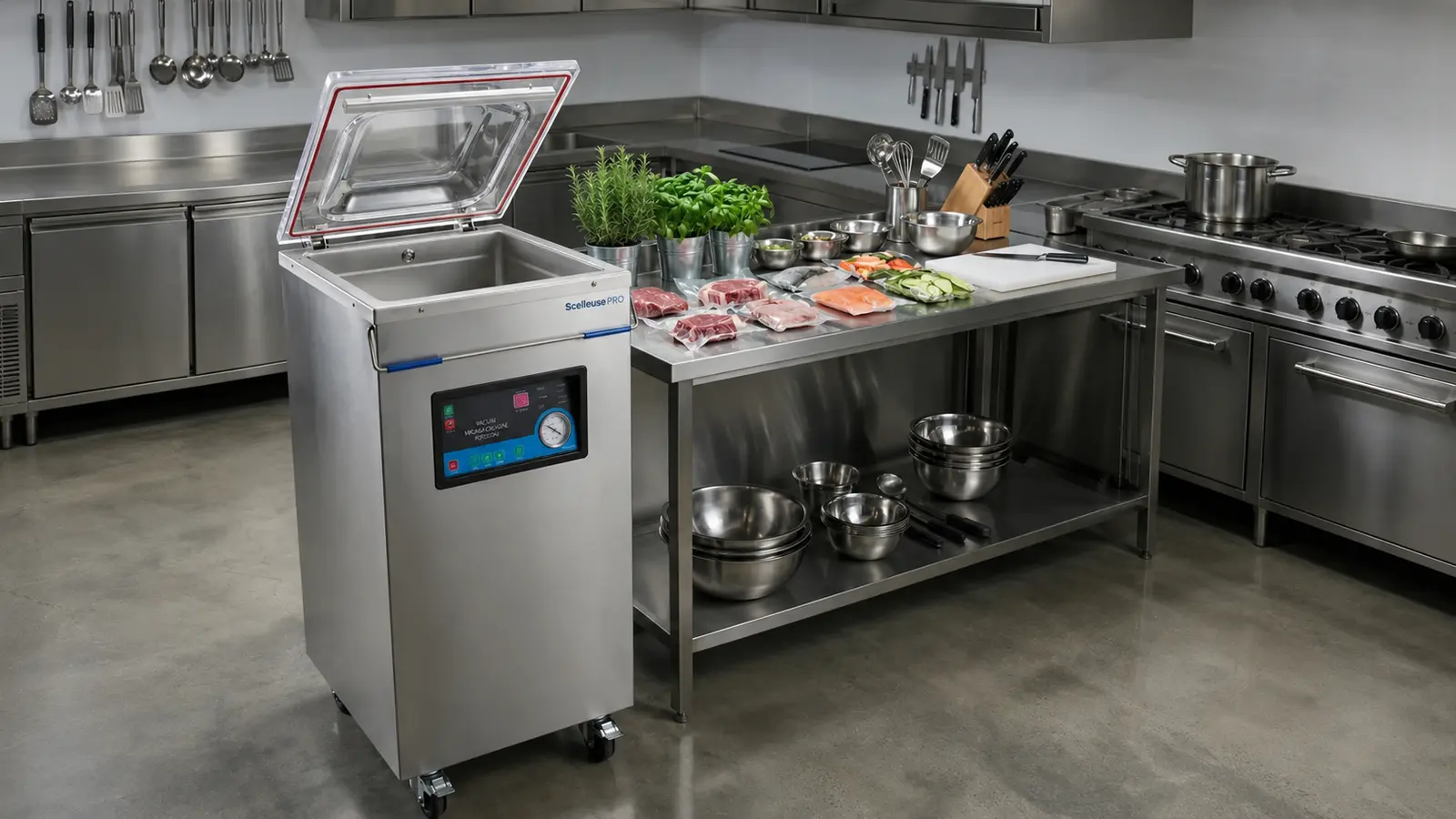 Vacuum machine to chamber on wheels in a kitchen professional