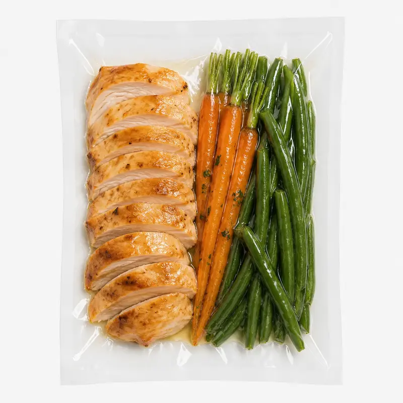 Portion of poulet, carottes and haricots verts préparée sous vide