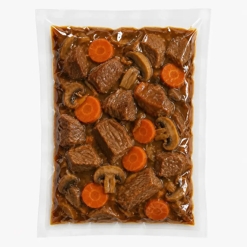 Bœuf cuisiné aux carottes and champignons emballé sous vide