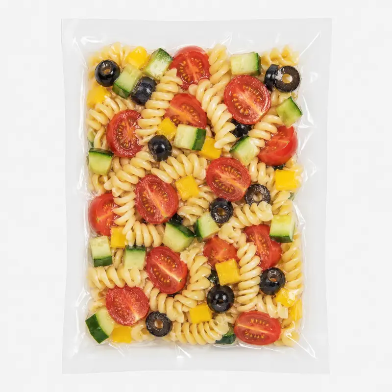 Salade of pâtes aux légumes and olives emballée sous vide
